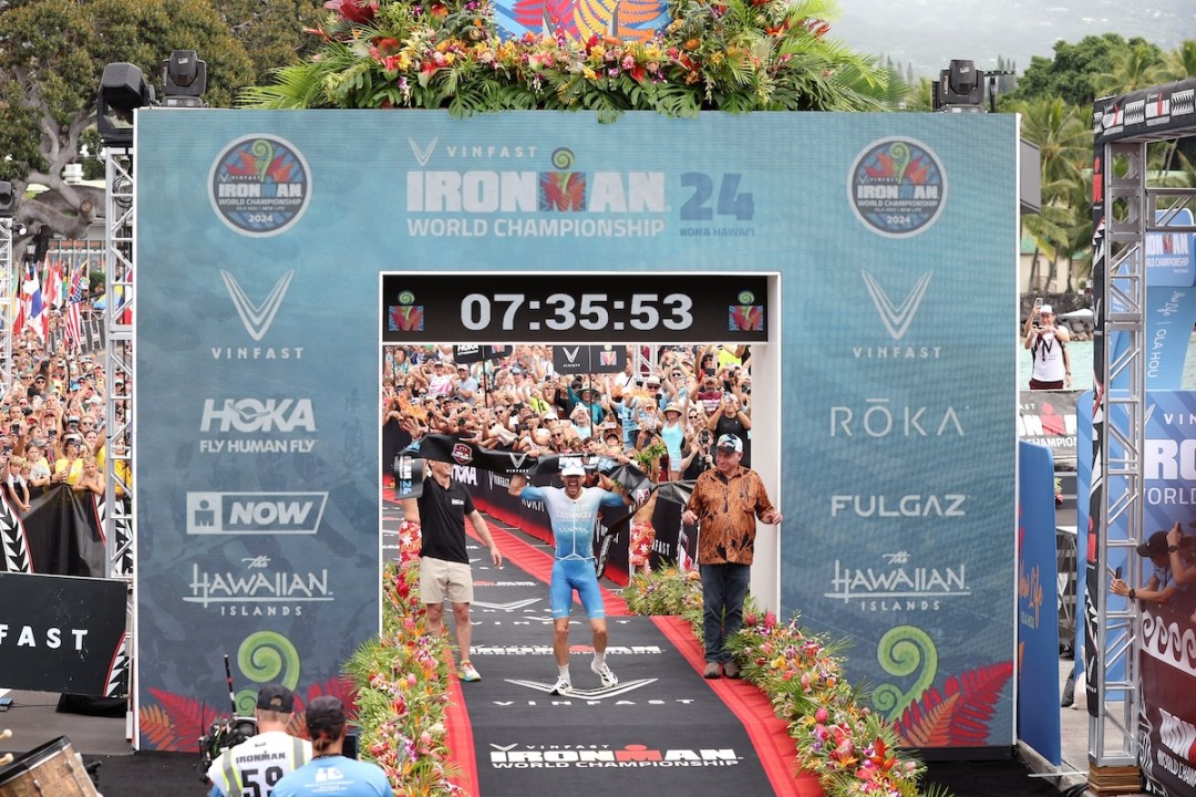 Patrick Lange of Germany celebrates after winning the VinFast IRONMAN World Championship on October 26, 2024 in Kailua Kona, Hawaii